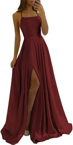 Tvuyet Satin Prom Dresses Long with Pockets Spaghetti Straps A Line Bridesmaid Dresses with Side Slit Ball Gown in Kuwait