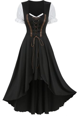DRESSFO Women’s Pirate-Inspired Asymmetric High-Low Dress – PU Strap Lace-Up Grommet Midi Dress with Sweetheart Neck in Saudi Arabia