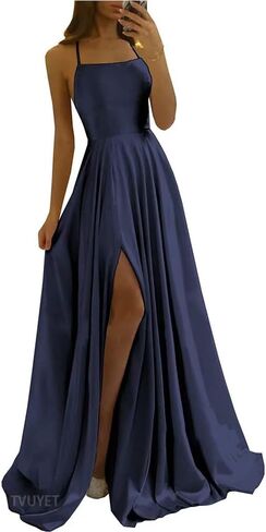 Tvuyet Satin Prom Dresses Long with Pockets Spaghetti Straps A Line Bridesmaid Dresses with Side Slit Ball Gown in Kuwait