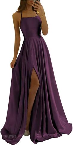 Tvuyet Satin Prom Dresses Long with Pockets Spaghetti Straps A Line Bridesmaid Dresses with Side Slit Ball Gown in Kuwait
