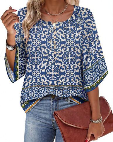 LYHIPSS Womens Summer Boho Tops 3/4 Sleeve Button Down V Neck Floral Print Shirt Flowy Vacation Clothes in Kuwait