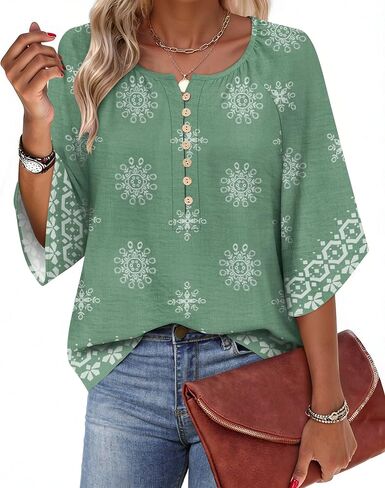 LYHIPSS Womens Summer Boho Tops 3/4 Sleeve Button Down V Neck Floral Print Shirt Flowy Vacation Clothes in Saudi Arabia