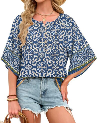 LYHIPSS Womens Summer Boho Tops 3/4 Sleeve Button Down V Neck Floral Print Shirt Flowy Vacation Clothes in Saudi Arabia