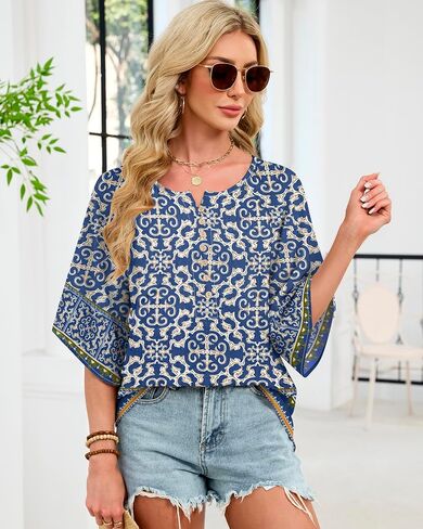 LYHIPSS Womens Summer Boho Tops 3/4 Sleeve Button Down V Neck Floral Print Shirt Flowy Vacation Clothes in Saudi Arabia