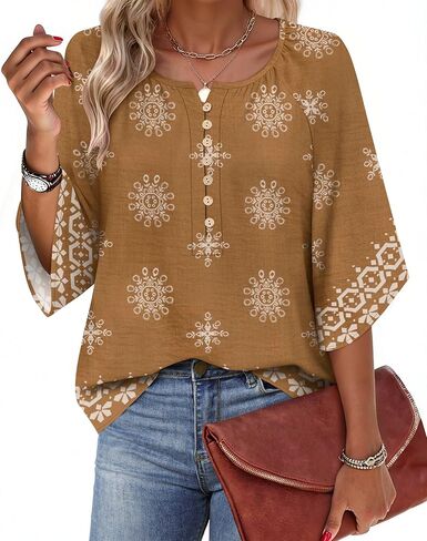 LYHIPSS Womens Summer Boho Tops 3/4 Sleeve Button Down V Neck Floral Print Shirt Flowy Vacation Clothes in Saudi Arabia