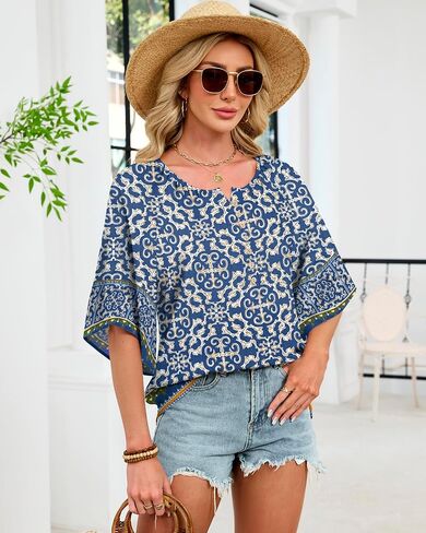 LYHIPSS Womens Summer Boho Tops 3/4 Sleeve Button Down V Neck Floral Print Shirt Flowy Vacation Clothes in Saudi Arabia