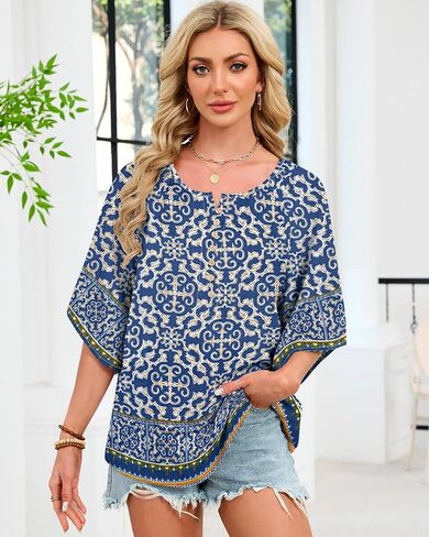 LYHIPSS Womens Summer Boho Tops 3/4 Sleeve Button Down V Neck Floral Print Shirt Flowy Vacation Clothes in Saudi Arabia