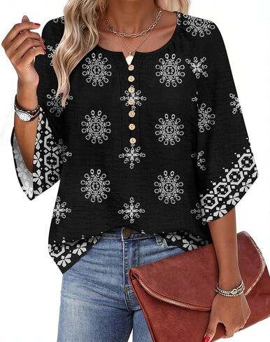 LYHIPSS Womens Summer Boho Tops 3/4 Sleeve Button Down V Neck Floral Print Shirt Flowy Vacation Clothes in Saudi Arabia