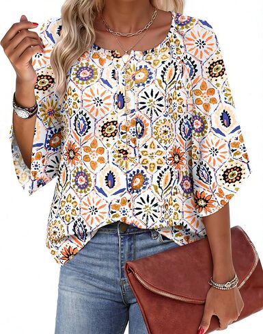 LYHIPSS Womens Summer Boho Tops 3/4 Sleeve Button Down V Neck Floral Print Shirt Flowy Vacation Clothes in Saudi Arabia