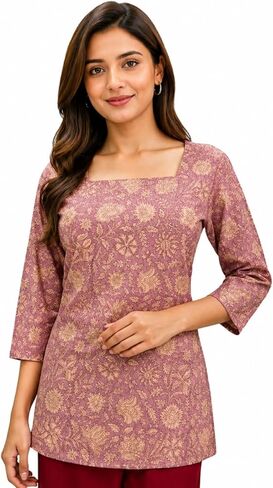 Indian Women's Cotton Tunics Tops Hand Block Print Short Kurti Kurta For Office and Casual Wear in Kuwait