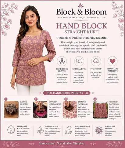 Indian Women's Cotton Tunics Tops Hand Block Print Short Kurti Kurta For Office and Casual Wear in Kuwait