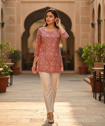 Indian Women's Cotton Tunics Tops Hand Block Print Short Kurti Kurta For Office and Casual Wear in Kuwait