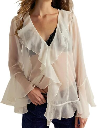 Women Ruffle Sheer Shirt Blouse Bell Sleeve Frill Top Sexy See Through Mesh Shirt Boho Chiffon Tunic Shirts Fairy in Saudi Arabia