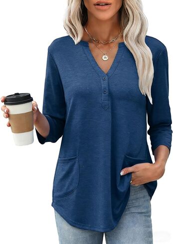 Naggoo Womens Henley Tunic Tops 3/4 Sleeve V Neck Blouses with Pockets in Saudi Arabia