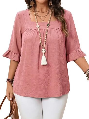 Bulotus Womens Plus Size Tops Square Neck Blouse Boho Top Chiffon 3/4 Sleeve Ruffle Shirt Cute Tunic 2026 Spring Summer in Saudi Arabia
