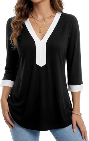 Rooscier Women's 3/4 Sleeve V Neck Color Block Dressy Casual Blouse Tunic Shirts in Kuwait