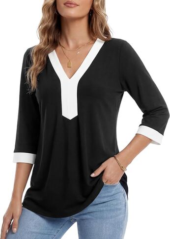 Rooscier Women's 3/4 Sleeve V Neck Color Block Dressy Casual Blouse Tunic Shirts in Kuwait