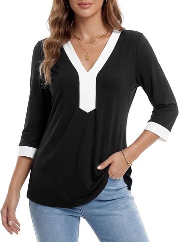 Rooscier Women's 3/4 Sleeve V Neck Color Block Dressy Casual Blouse Tunic Shirts in Kuwait