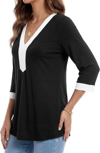 Rooscier Women's 3/4 Sleeve V Neck Color Block Dressy Casual Blouse Tunic Shirts in Kuwait