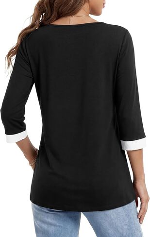 Rooscier Women's 3/4 Sleeve V Neck Color Block Dressy Casual Blouse Tunic Shirts in Kuwait