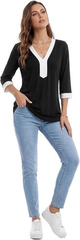 Rooscier Women's 3/4 Sleeve V Neck Color Block Dressy Casual Blouse Tunic Shirts in Kuwait
