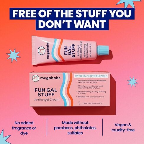 Megababe Fun Gal Stuff | Antifungal Cream with 1% Clotrimazole | Full Body Solution for Underboob, Skinfolds, Feet & More | Relieves Itching, Burning, Cracking & Scaling | 1.1 oz in Kuwait