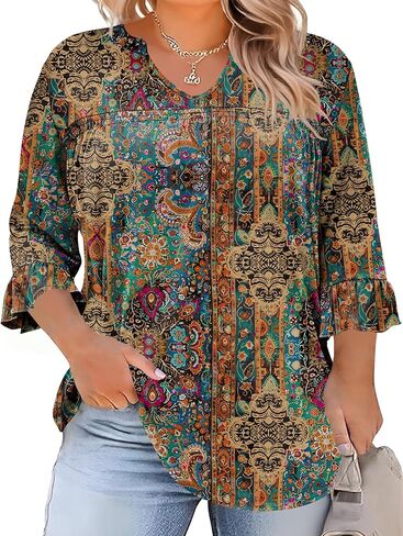 TFSDOD Plus Size Tops for Women V Neck 3/4 Sleeve Pleated Blouses Dressy Casual Fashion Tunic Top (1X-5X) in Saudi Arabia