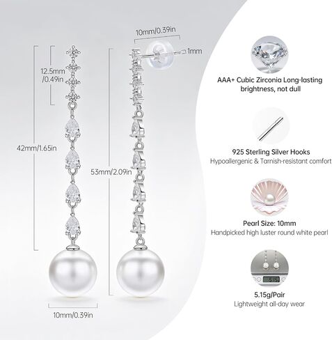 925 Sterling Silver Pearl Dangle Drop Earrings for Women, Handpicked AAA+ Quality 10mm White Pearl Hypoallergenic Earrings, Classic Jewelry Gift for Women in Saudi Arabia