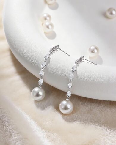 925 Sterling Silver Pearl Dangle Drop Earrings for Women, Handpicked AAA+ Quality 10mm White Pearl Hypoallergenic Earrings, Classic Jewelry Gift for Women in Saudi Arabia