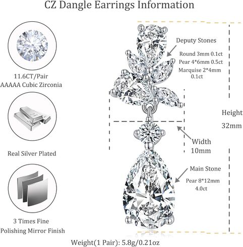 Marquise Teardrop Dangle Earrings for Women, Bridal Wedding Earrings for Brides Bridesmaides, 11.6CT Cubic Zirconia Drop Earring s for Prom or Pageant, Jewelry Gift for Her in Kuwait