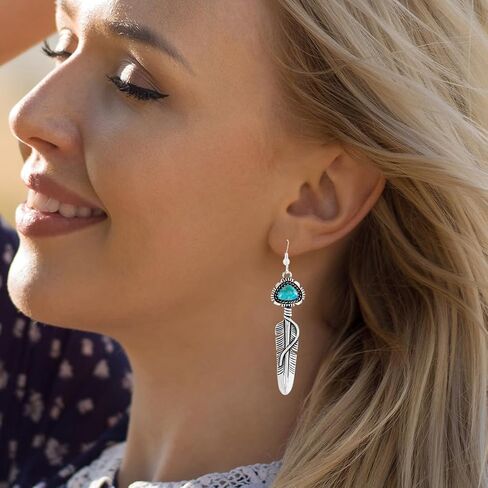 Feather Turquoise Earrings 925 Sterling Silver & Genuine Gemstone in Kuwait