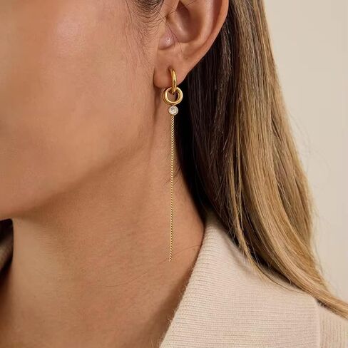 18K Gold Plated Stainless Steel Long Chain Tassel Drop Earrings with CZ Stone, Waterproof Hypoallergenic in Kuwait
