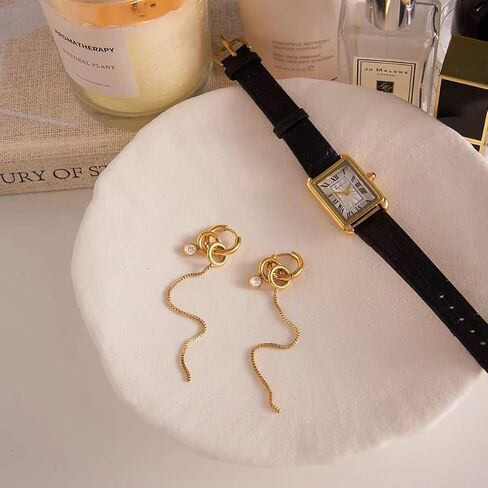 18K Gold Plated Stainless Steel Long Chain Tassel Drop Earrings with CZ Stone, Waterproof Hypoallergenic in Kuwait
