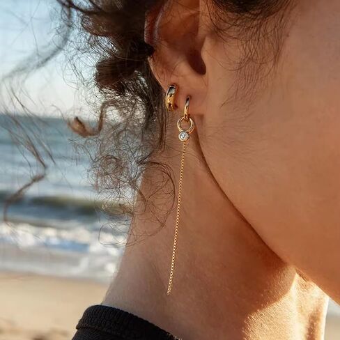 18K Gold Plated Stainless Steel Long Chain Tassel Drop Earrings with CZ Stone, Waterproof Hypoallergenic in Kuwait
