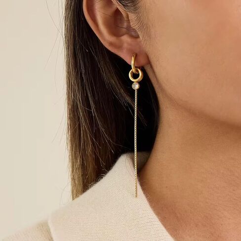 18K Gold Plated Stainless Steel Long Chain Tassel Drop Earrings with CZ Stone, Waterproof Hypoallergenic in Kuwait