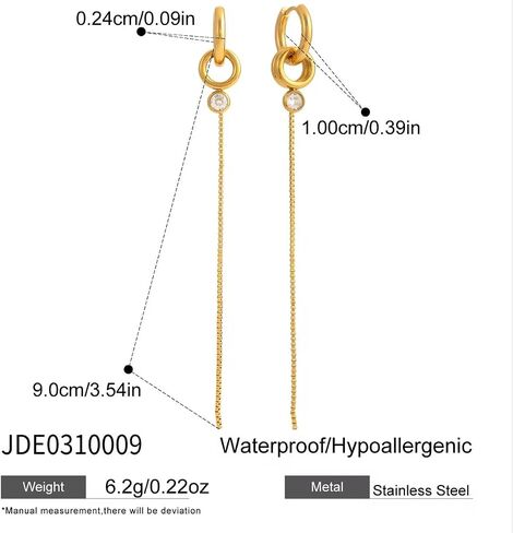 18K Gold Plated Stainless Steel Long Chain Tassel Drop Earrings with CZ Stone, Waterproof Hypoallergenic in Kuwait
