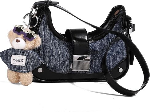 Women's Retro Denim & Leather Patchwork Bag - Vintage Canvas Shoulder Tote Bag Casual Crossbody Purse Bear Charm in Saudi Arabia