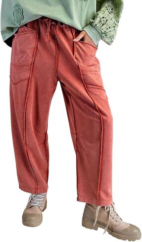 Easel Eryn Mineral Washed Terry Knit Barrel Leg Pants in Saudi Arabia