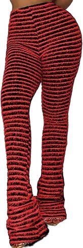 Stacked Fuzzy Pants for Women-Fringe Tassel Black and White Knit Striped Flare Sweatpants in Saudi Arabia