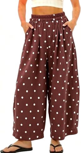 Womens Cotton Linen Polka Dot Pants Casual Wide Leg Barrel Pants High Waist Elastic Summer Palazzo Trousers in Saudi Arabia