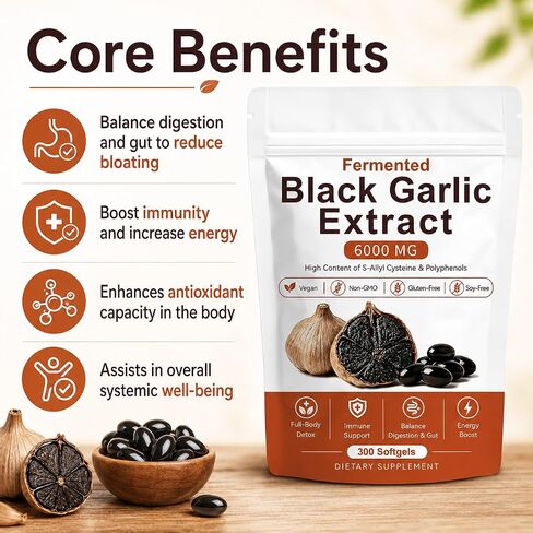 Fermented Black Garlic Extract, Natural Black Garlic Capsules, Odorless Garlic Supplements, Support Immunity, Boost Energy, Balance Digestion & Gut, Vegan, Non-GMO, 300 Softgels (1) in Saudi Arabia