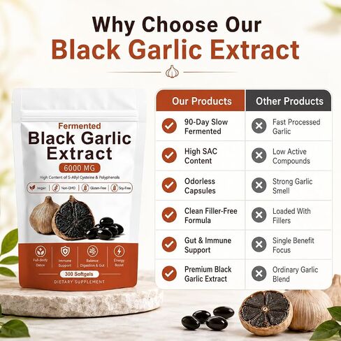 Fermented Black Garlic Extract, Natural Black Garlic Capsules, Odorless Garlic Supplements, Support Immunity, Boost Energy, Balance Digestion & Gut, Vegan, Non-GMO, 300 Softgels (1) in Saudi Arabia