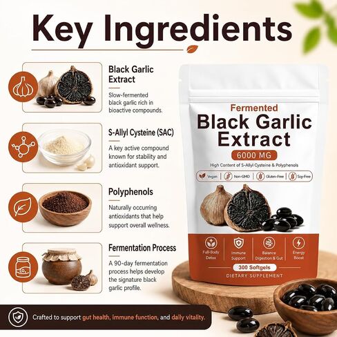 Fermented Black Garlic Extract, Natural Black Garlic Capsules, Odorless Garlic Supplements, Support Immunity, Boost Energy, Balance Digestion & Gut, Vegan, Non-GMO, 300 Softgels (1) in Saudi Arabia