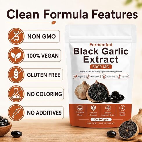 Fermented Black Garlic Extract, Natural Black Garlic Capsules, Odorless Garlic Supplements, Support Immunity, Boost Energy, Balance Digestion & Gut, Vegan, Non-GMO, 300 Softgels (1) in Saudi Arabia