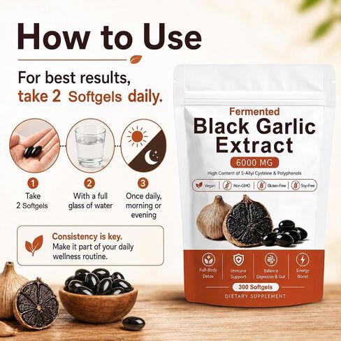 Fermented Black Garlic Extract, Natural Black Garlic Capsules, Odorless Garlic Supplements, Support Immunity, Boost Energy, Balance Digestion & Gut, Vegan, Non-GMO, 300 Softgels (1) in Saudi Arabia