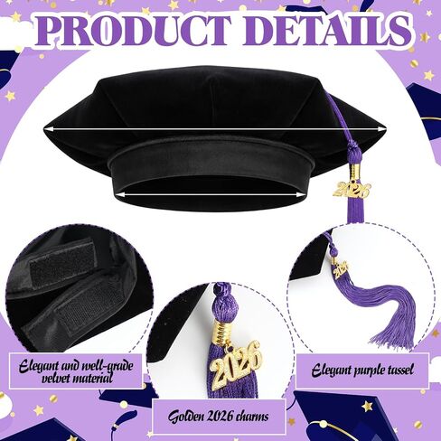 Cuffbow 2 Set 6 Sided 2026 Graduation Doctoral Tam Adjusted Velvet Cap with Purple Tassel Gold Honor Cord Hexagonal Doctoral Tam Cap Md Dds Dmd Phd Jd Md Graduation Accessories for Dentist Bachelor in Saudi Arabia