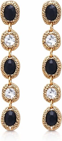 Vintage Gold Long Linear Drop Earrings for Women – Black Oval & Crystal Rhinestone Geometric Dangle Jewelry, Retro Boho Statement Accessories for Party and Night Out in Saudi Arabia