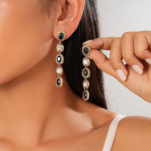 Vintage Gold Long Linear Drop Earrings for Women – Black Oval & Crystal Rhinestone Geometric Dangle Jewelry, Retro Boho Statement Accessories for Party and Night Out in Saudi Arabia