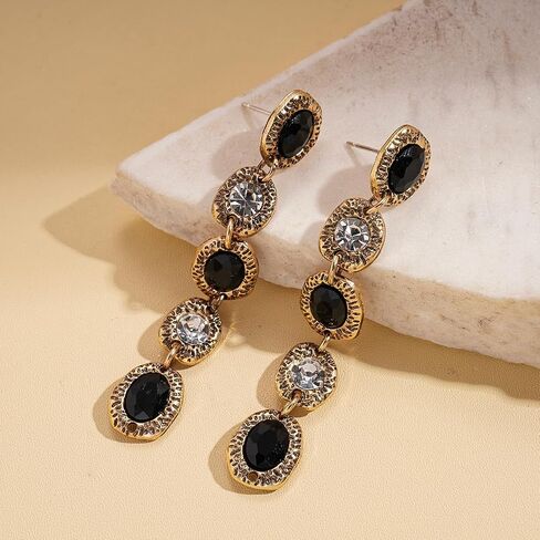 Vintage Gold Long Linear Drop Earrings for Women – Black Oval & Crystal Rhinestone Geometric Dangle Jewelry, Retro Boho Statement Accessories for Party and Night Out in Saudi Arabia