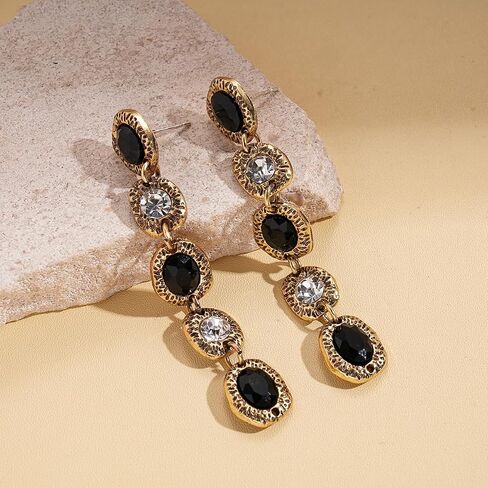 Vintage Gold Long Linear Drop Earrings for Women – Black Oval & Crystal Rhinestone Geometric Dangle Jewelry, Retro Boho Statement Accessories for Party and Night Out in Saudi Arabia